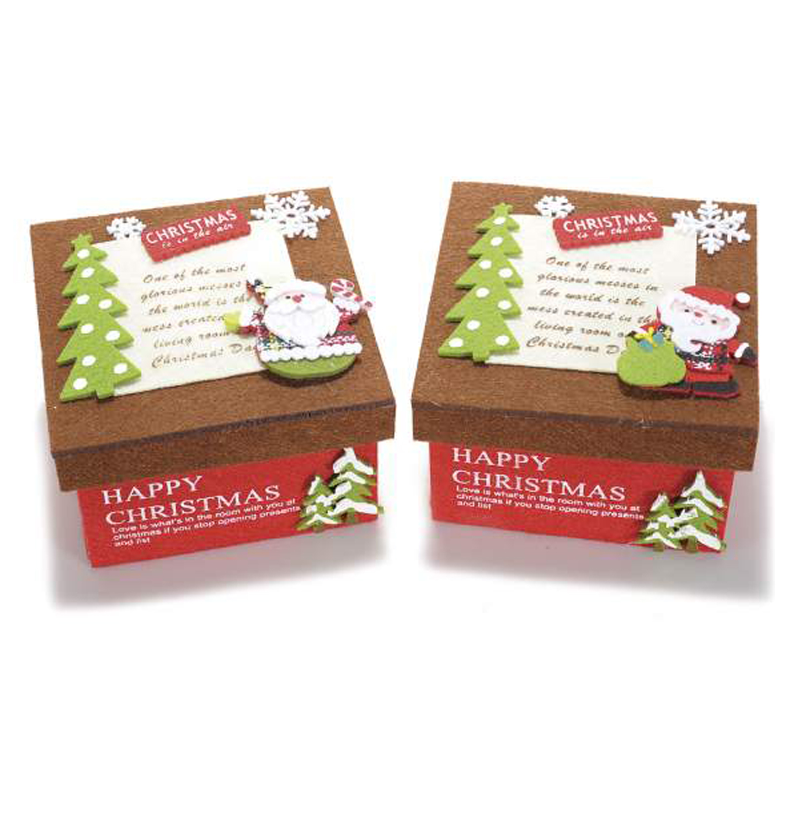 2Pz. Scatole natalizie in panno colorato con stampe e decorazioni cm 12,5 x 12,5 x 8,8 H